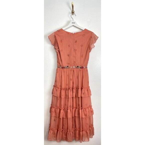 MAC DUGGAL Tiered Ruffle Chiffon Midi Dress in Apricot Size US 6 - Picture 6 of 8